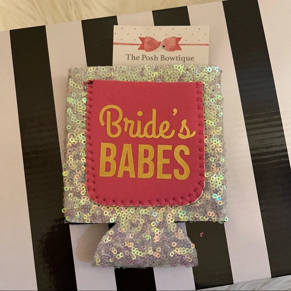 NWT White Iridescent Sequin Bride’s Babes Pink Pocket Short Drink Coozies Set
